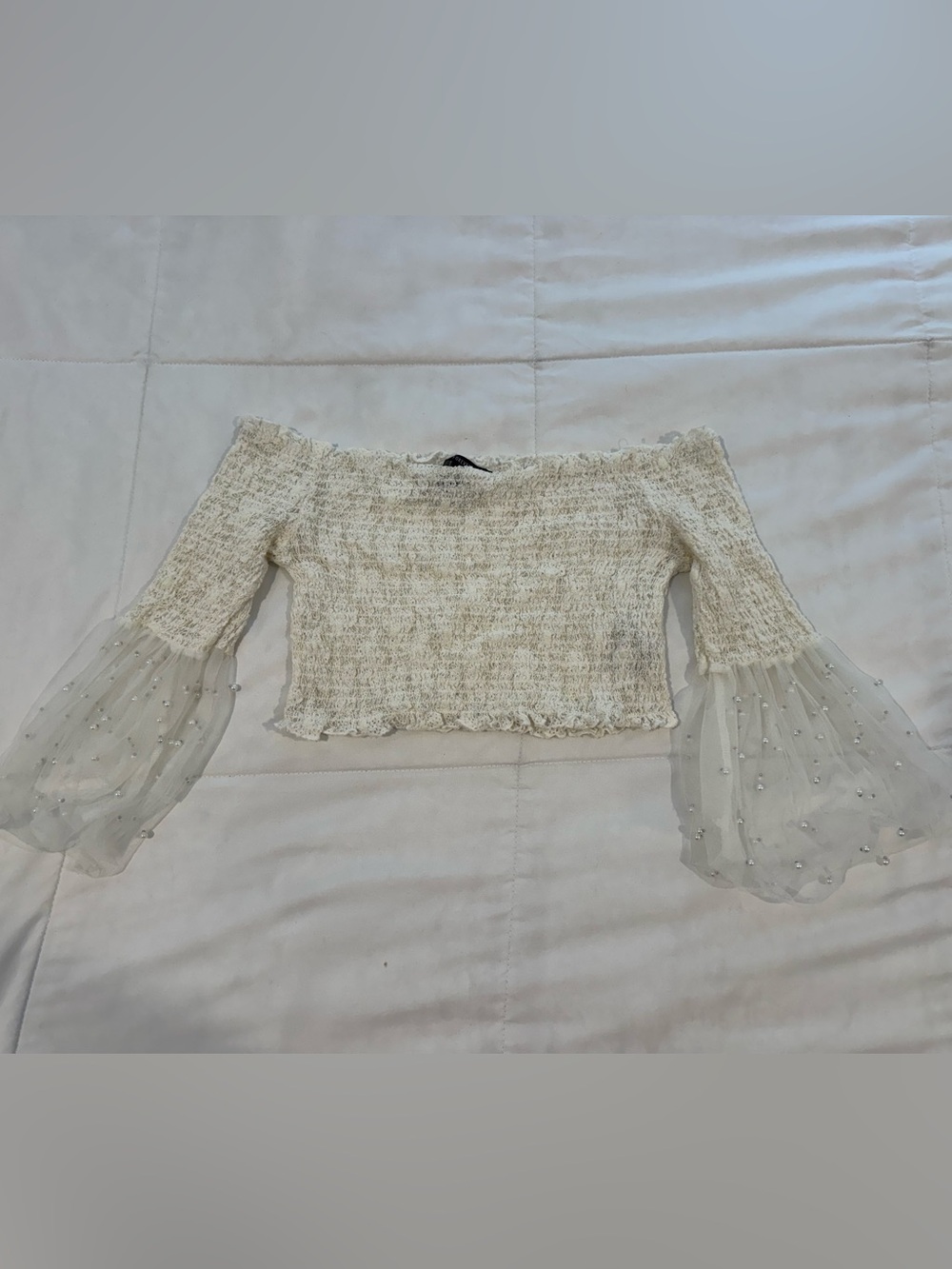White crop top with tulle and pearls!
